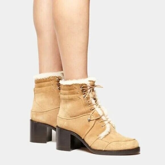 New Tabitha Simmons Leo Shearling-Lined Natural Suede Booties NWT Size 8 US